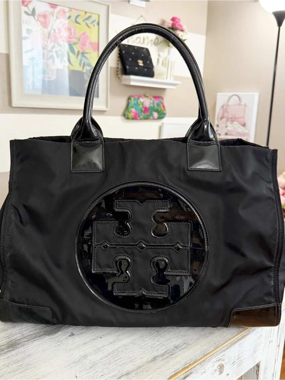 Tory Burch Ella Black Patent Logo nylon Tote